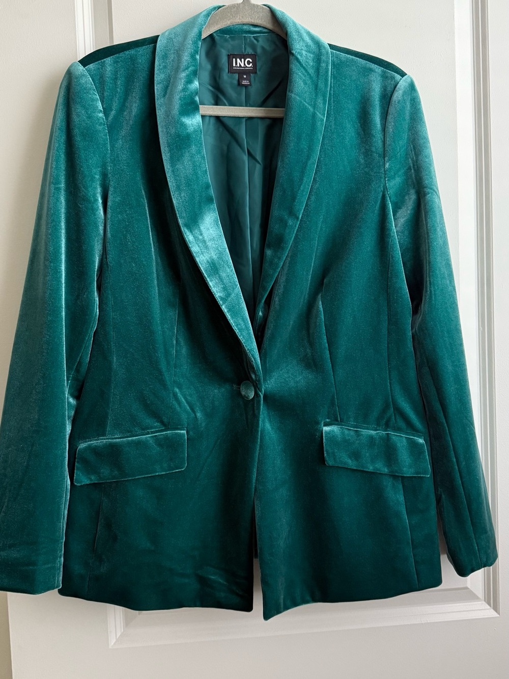 INC Velvet Single-Button Blazer in Teal Green